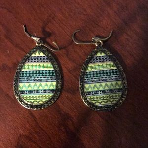 Green Aztec lever back earrings.